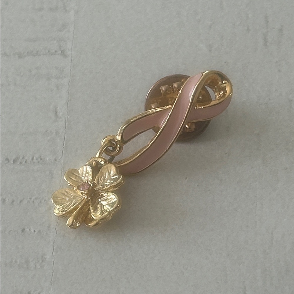 Breast cancer awareness pink ribbon with shamrock brooch